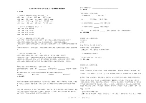 2018-2019学年七年级下学期期中测试卷A语文试卷和解析答案