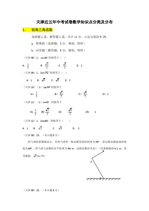 2023年天津市近五年中考数学试卷知识点总结整理