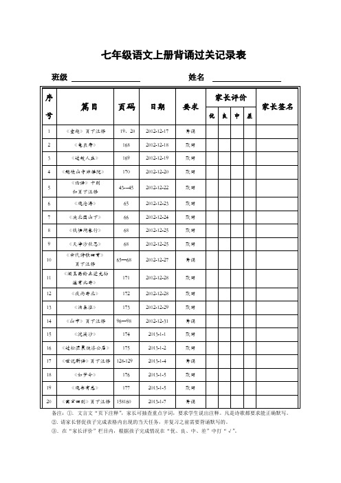 七年级语文上册背诵篇目过关记录卡