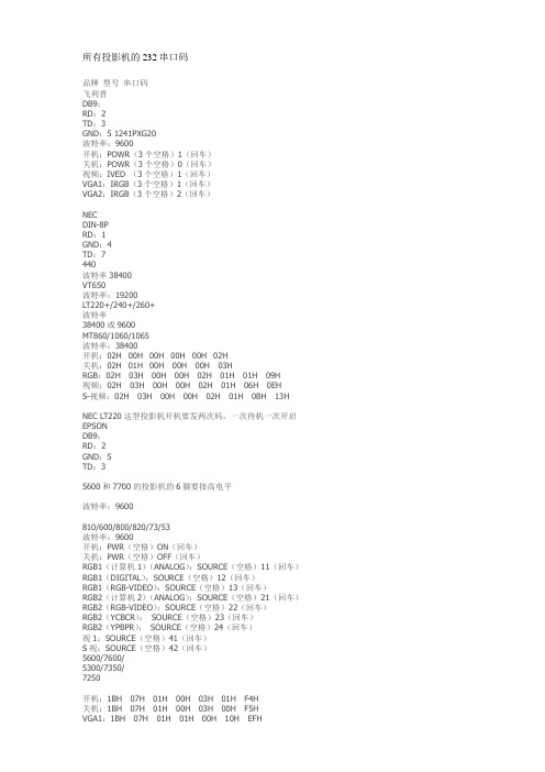 所有投影机的232串口码