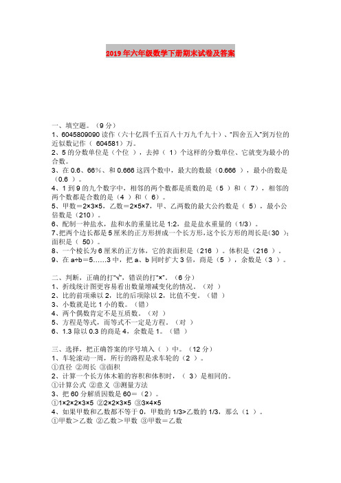 2019年六年级数学下册期末试卷及答案