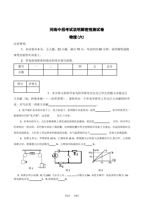 中招考试说明解密预测试卷物理(六) 