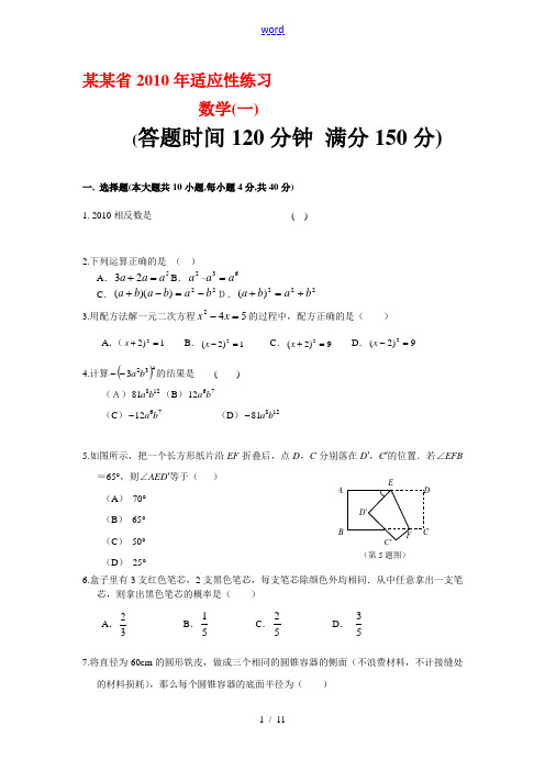 福建省2010年九年级数学适应性练习人教版