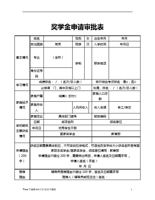 奖学金申请审批表Word(8)(标准正式版)