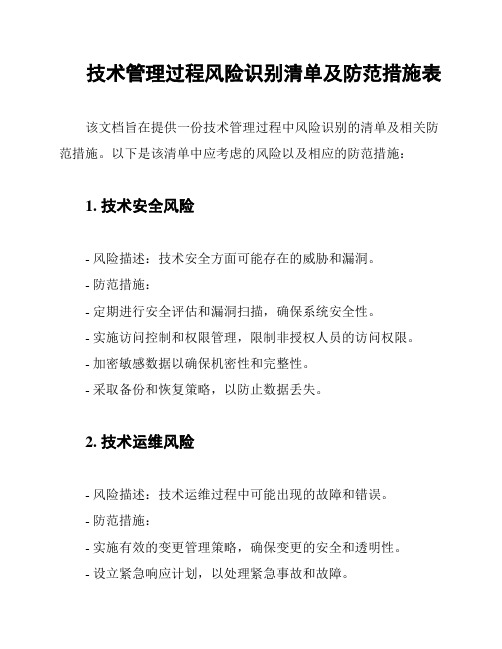 技术管理过程风险识别清单及防范措施表