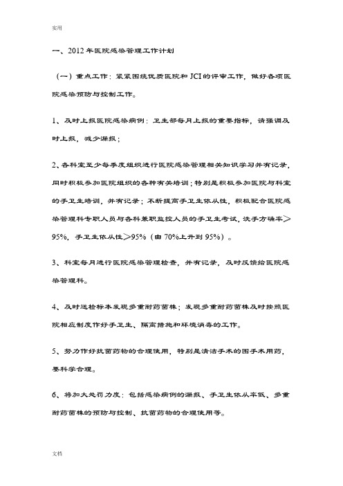 2012年医院感染管理系统工作计划清单