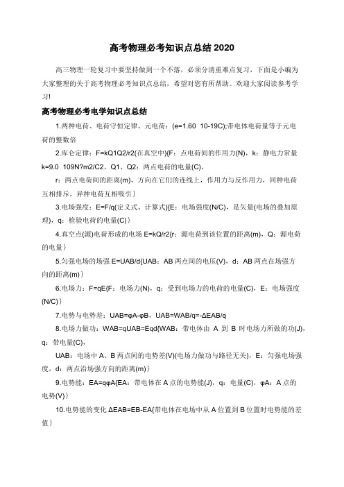 高考物理必考知识点总结2020