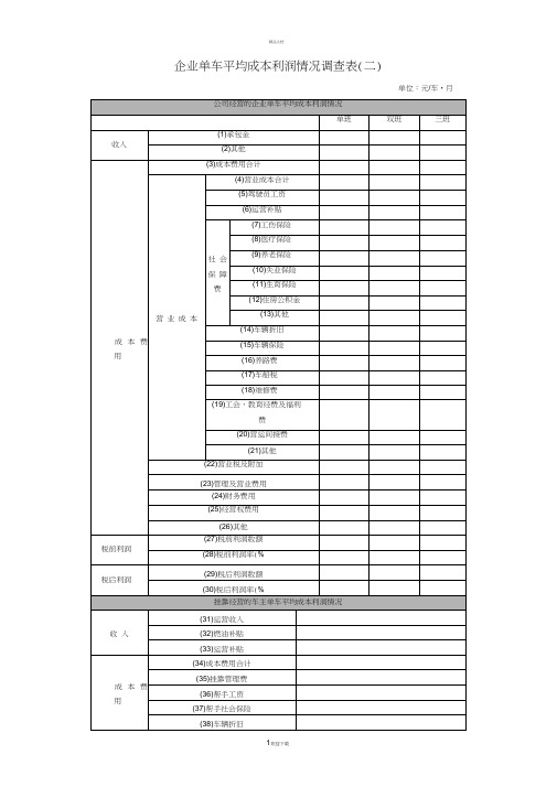 企业单车平均成本利润情况调查表(二)