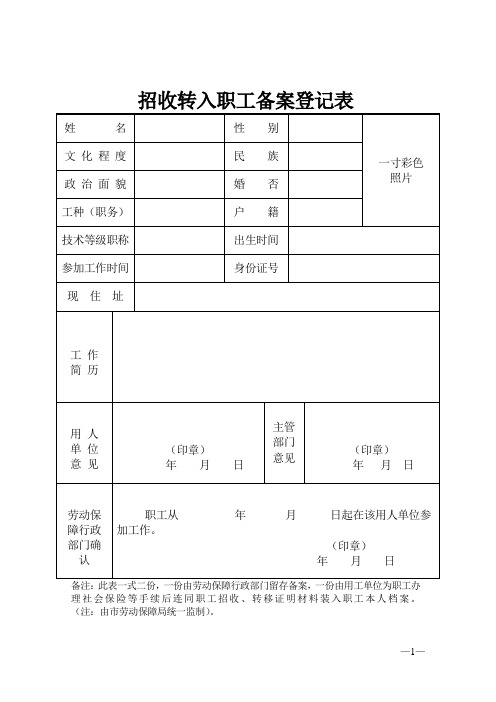 招收转入职工备案登记表