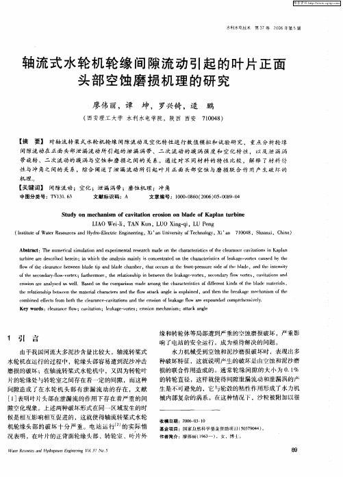 轴流式水轮机轮缘间隙流动引起的叶片正面头部空蚀磨损机理的研究