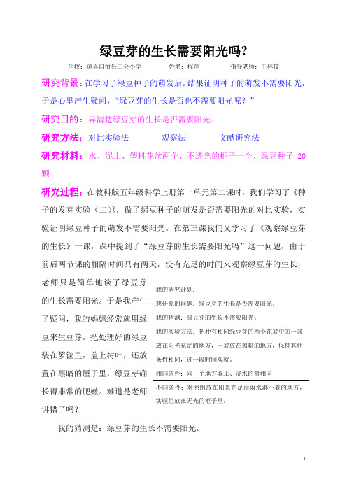 绿豆芽的生长需要阳光吗的研究报告