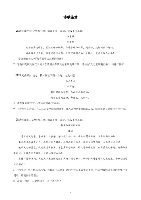 2023年河南省九年级语文中考二模试题分项选编：诗歌鉴赏题