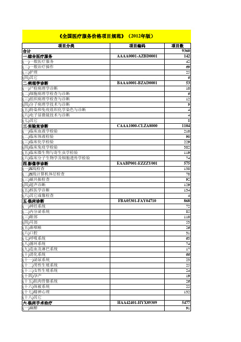 2012年版全国医疗服务价格项目规范 excel