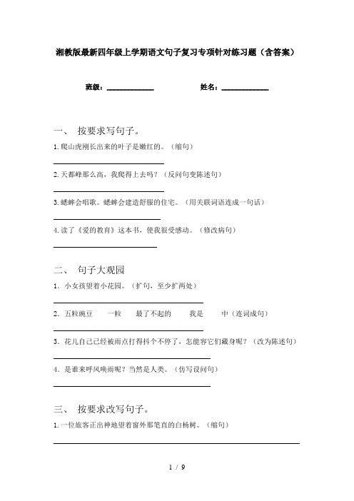 湘教版最新四年级上学期语文句子复习专项针对练习题(含答案)