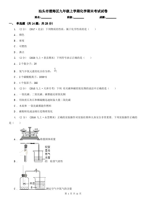 汕头市澄海区九年级上学期化学期末考试试卷