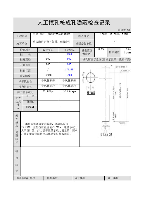 人工挖孔桩成孔隐蔽检查记录(无护壁)