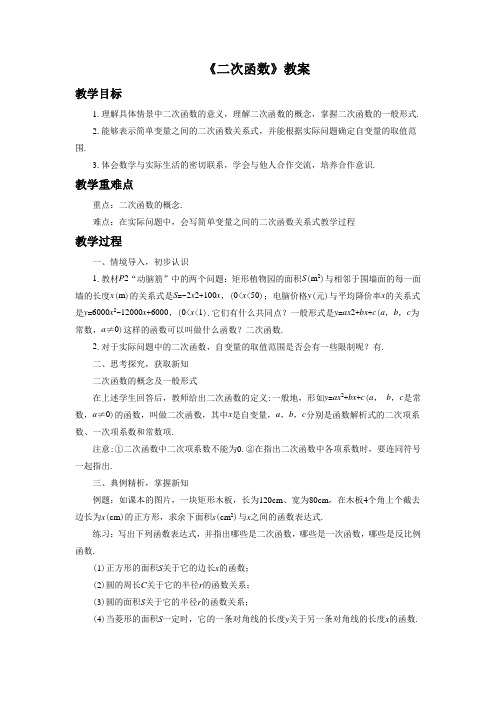 湘教版数学九年级下册1.1《二次函数》教案2