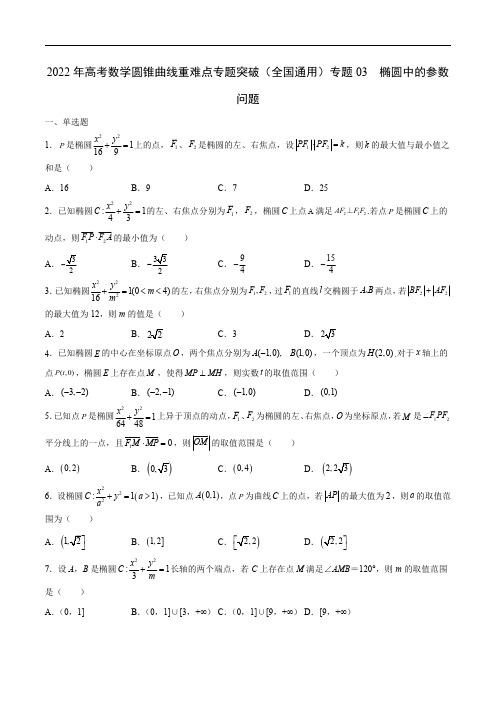 2022年高考数学圆锥曲线重难点专题突破(全国通用)专题03  椭圆中的参数问题含解析