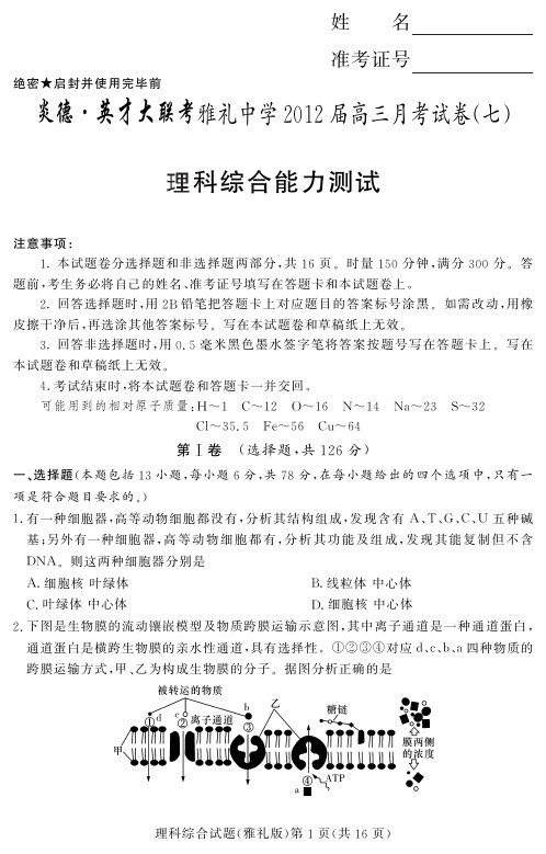 湖南省大联考2012雅礼中学高三7次月考理综试卷