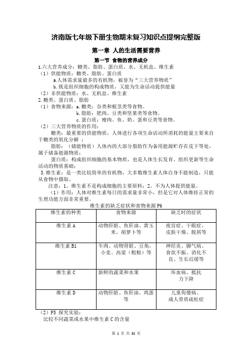 济南版七年级下册生物期末复习知识点提纲完整版(全面。必备!)