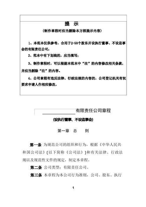 内资有限公司章程(设执行董事、不设监事会)