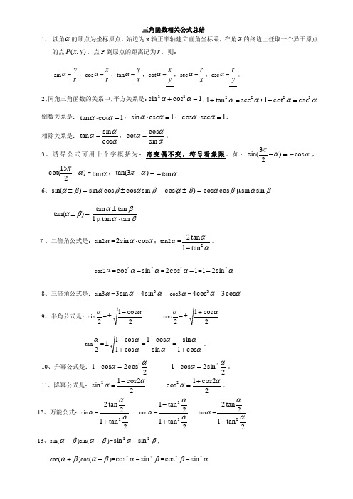 三角函数相关公式总结