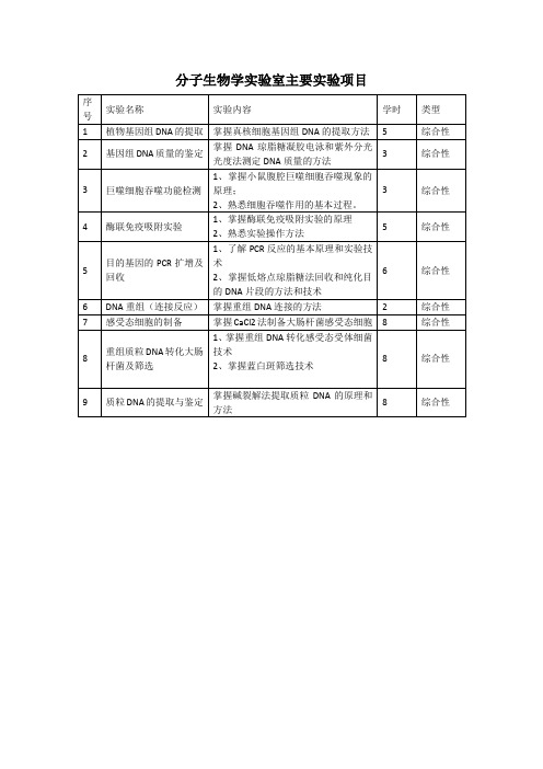 分子生物学实验室主要实验项目