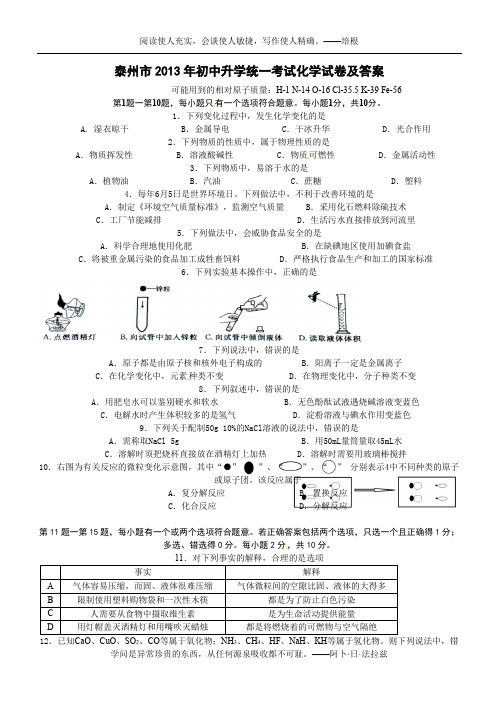 (10)2013年泰州市中考化学试题及答案