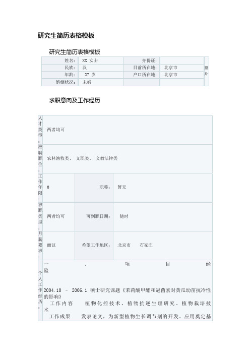 研究生简历表格模板