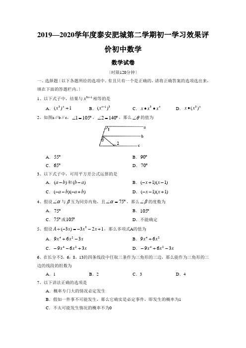 2019—2020学年度泰安肥城第二学期初一学习效果评价初中数学