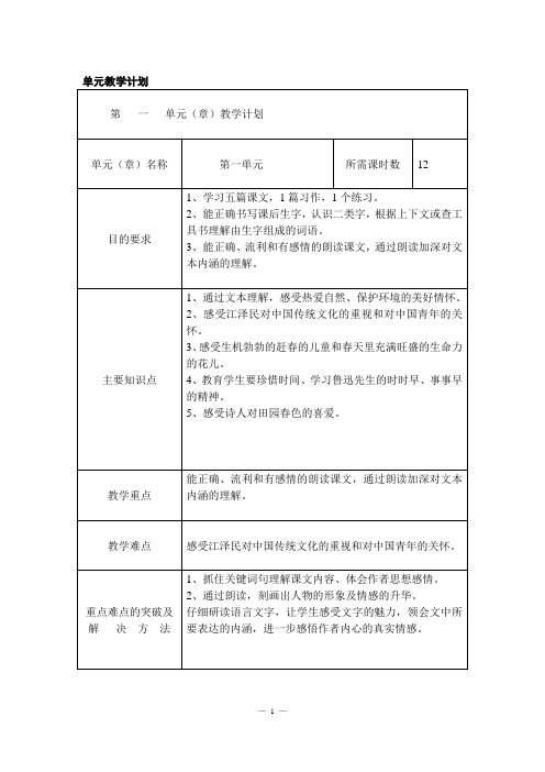 苏教版五年级语文下册第一单元教学计划表 (1)