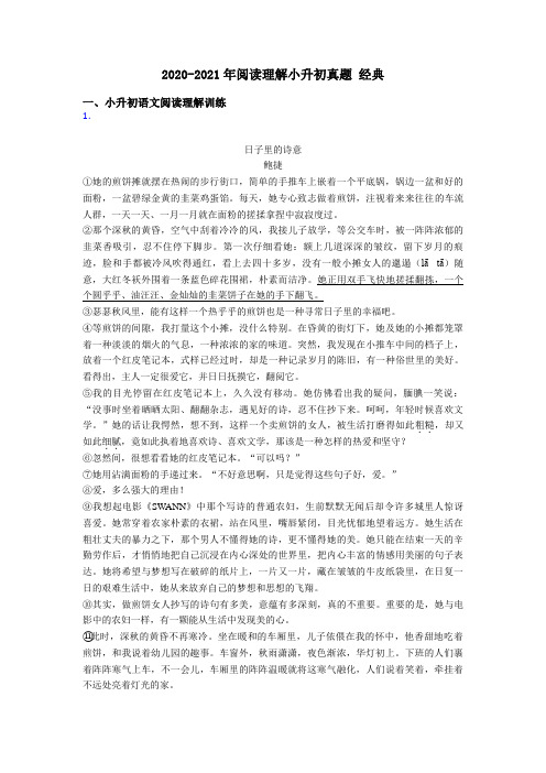 小升初2020-2021年阅读理解小升初真题 经典