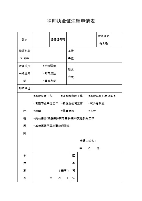 律师执业证注销申请表