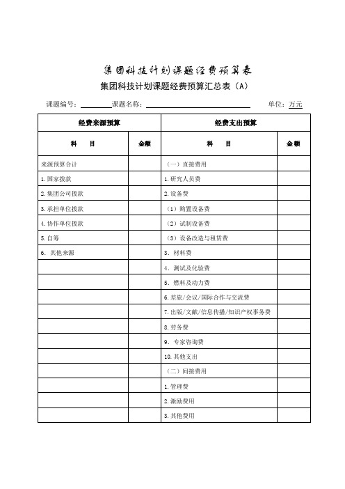 集团科技计划课题经费预算表