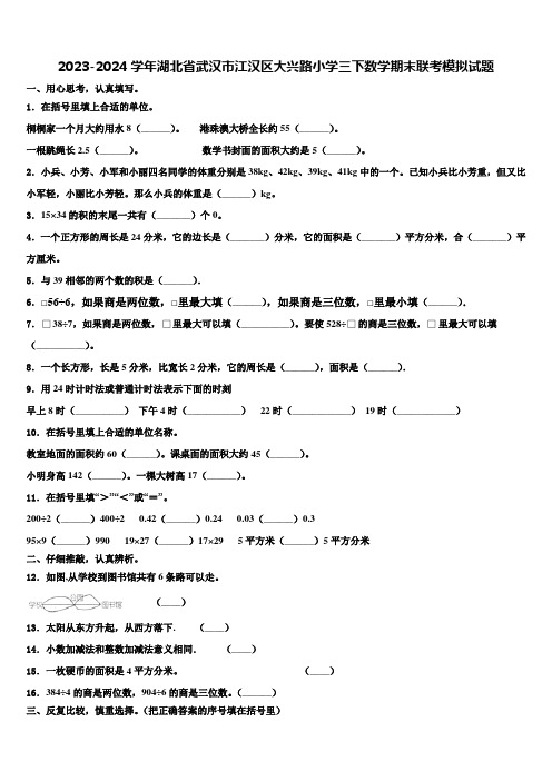 2023-2024学年湖北省武汉市江汉区大兴路小学三下数学期末联考模拟试题含解析