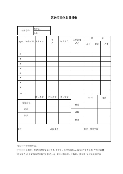 运送货物作业日报表参考范本