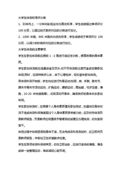 大学生体测标准评分表