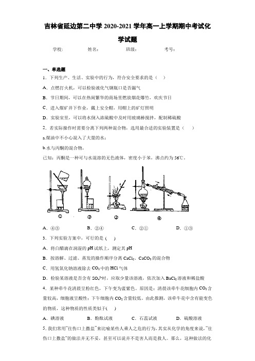 吉林省延边第二中学高一上学期期中考试化学试题