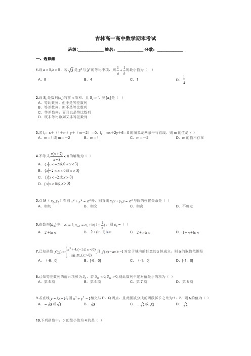 吉林高一高中数学期末考试带答案解析
