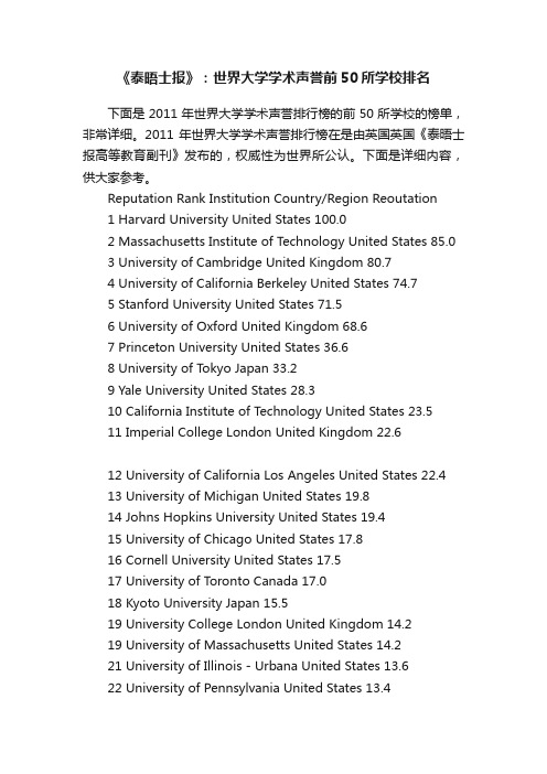 《泰晤士报》：世界大学学术声誉前50所学校排名