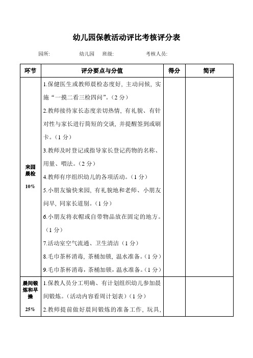 幼儿园保教活动评比考核评分表