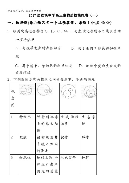 福建省漳州市程溪中学2017届高三质检模拟(一)生物试题 含答案