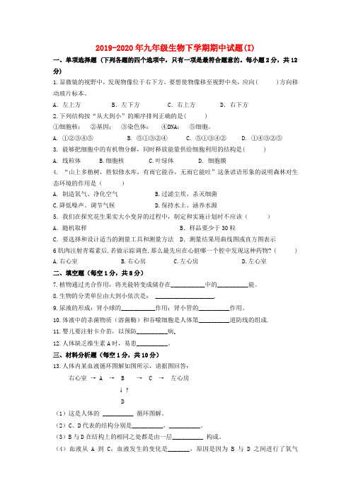 2019-2020年九年级生物下学期期中试题(I)