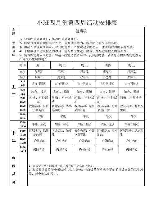 小班四月份第四周活动安排表