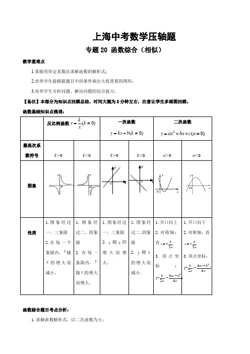 上海中考数学压轴题专题20 函数综合(相似)(解析版)