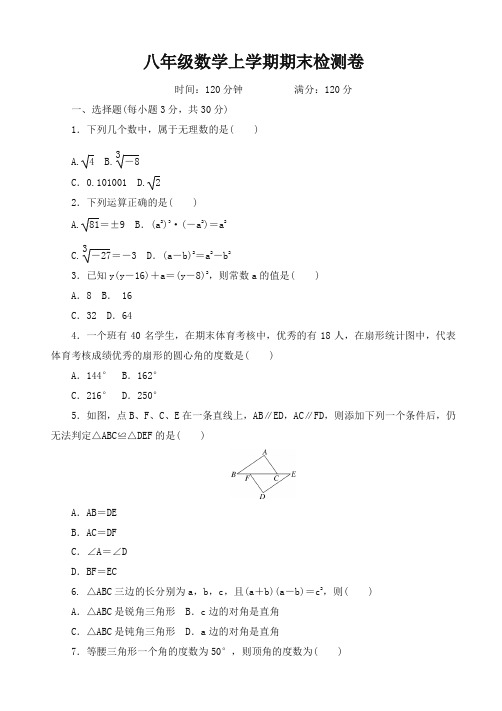 华师大八年级数学上期末检测卷有答案 -名校版