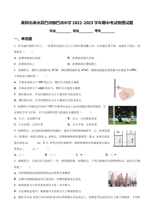 黄冈市浠水县巴河镇巴河初级中学2022-2023学年期中考试物理试题