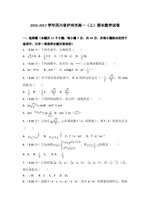 2016-2017年四川泸州市高一(上)数学期末试卷及答案