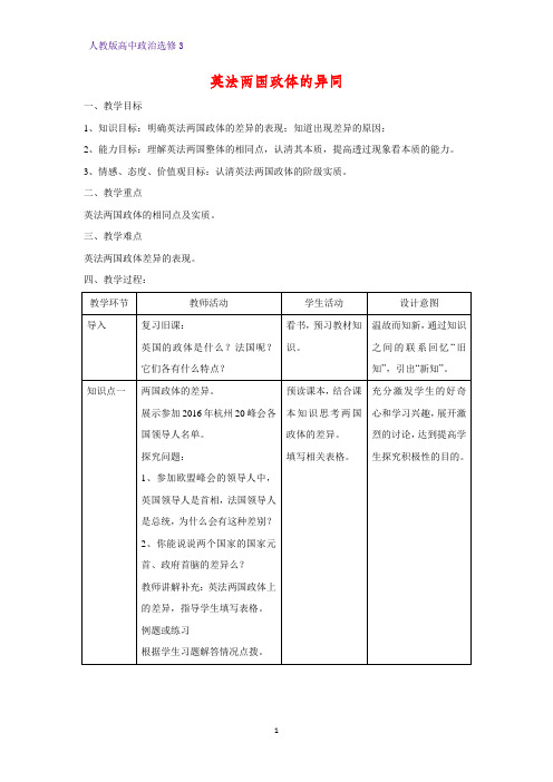 高中政治选修3教学设计4：2.4 英法两国政体的异同精品教案