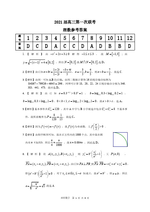 安徽省皖江名校2021届高三8月联考数学(理科)答案